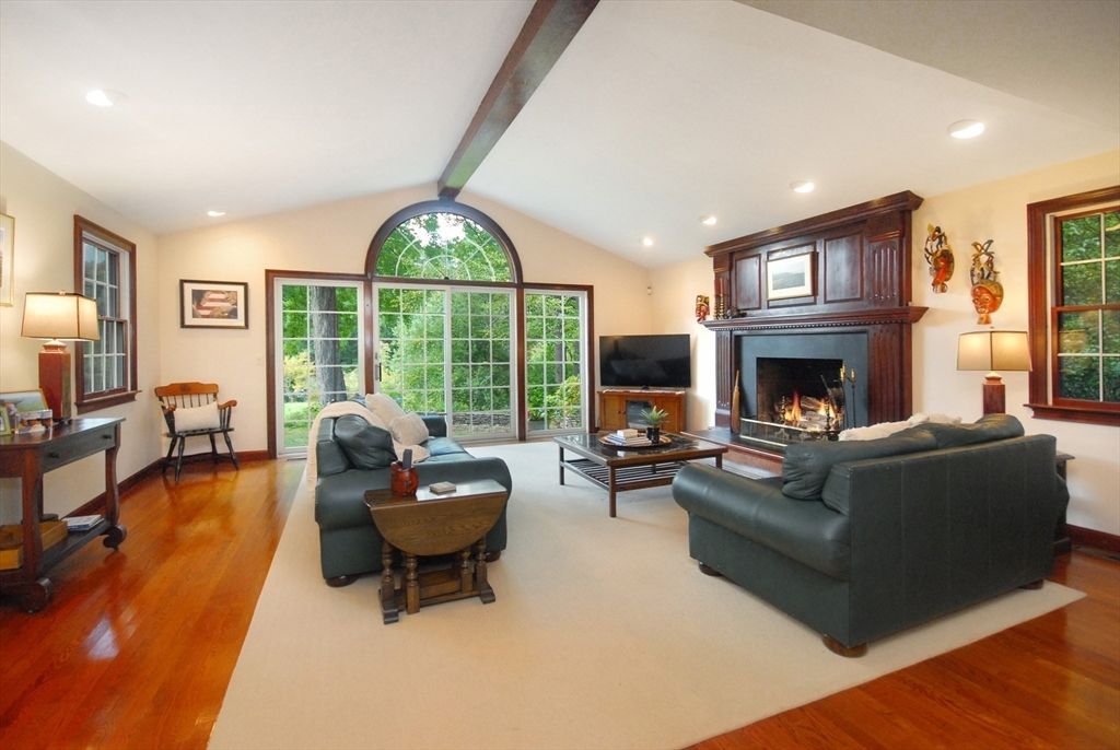 Fireplace, Interior, Living room, Recessed Lighting, Wooden Beams, Wood Texture Flooring