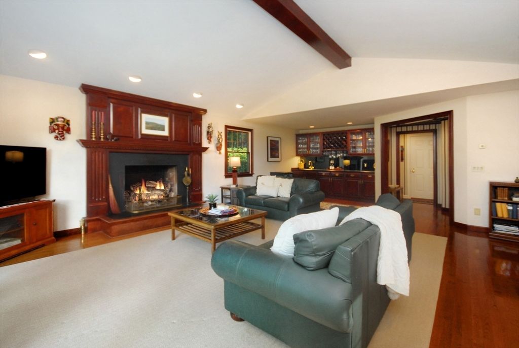Fireplace, Interior, Living room, Recessed Lighting, Wooden Beams, Wood Texture Flooring