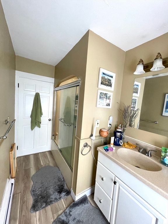 Bathroom, Glass Shower, Interior, Wood Texture Flooring