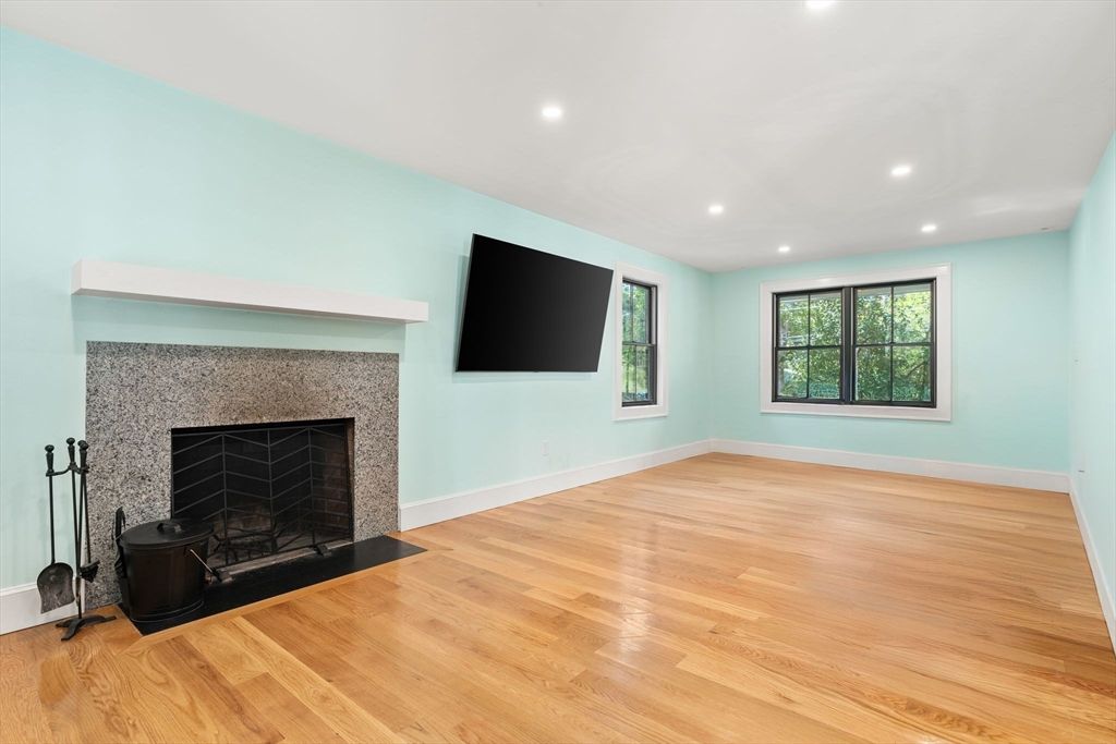 Empty room, Fireplace, Interior, Recessed Lighting, Wood Texture Flooring
