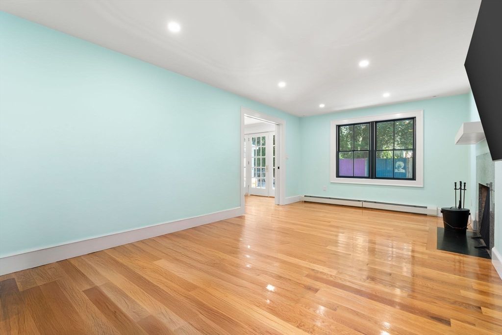 Empty room, Fireplace, Interior, Recessed Lighting, Wood Texture Flooring