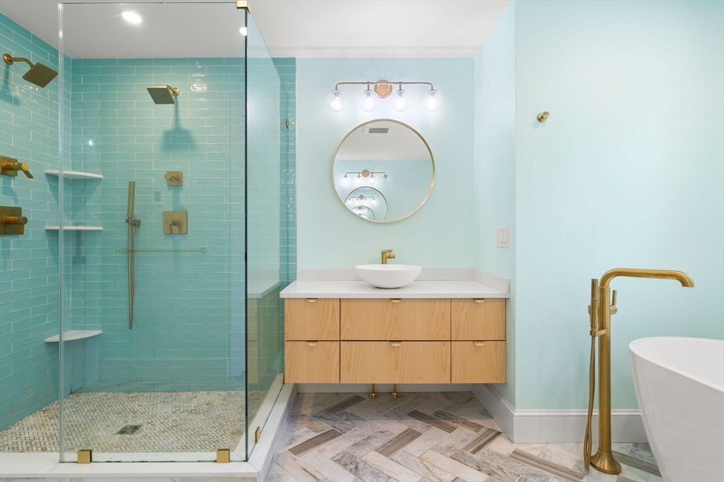 Bathroom, Free Standing Baths, Glass Shower, Interior, Recessed Lighting