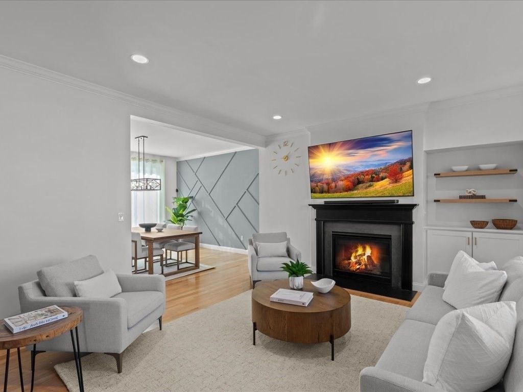 Dining room, Fireplace, Interior, Living room, Pendant Lights, Recessed Lighting, Wood Texture Flooring