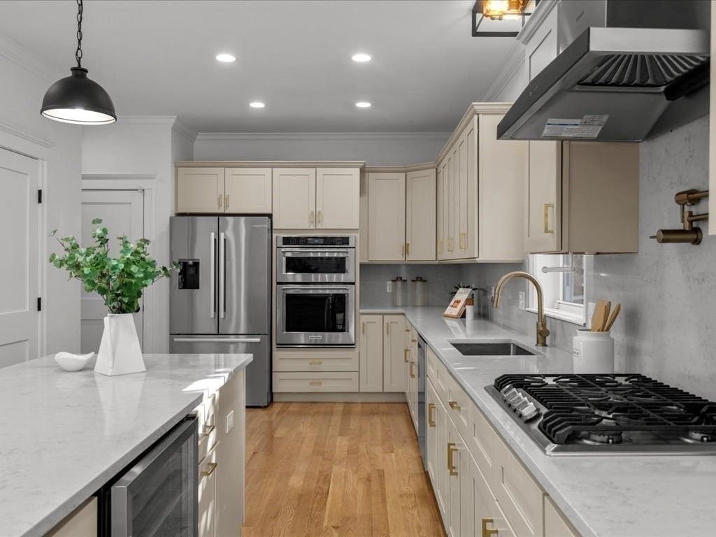 Interior, Kitchen, Pendant Lights, Recessed Lighting, Stainless Steel Appliances, Wood Texture Flooring