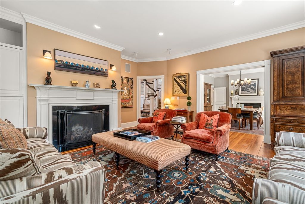 Chandelier, Dining room, Fireplace, Interior, Living room, Recessed Lighting, Wood Texture Flooring