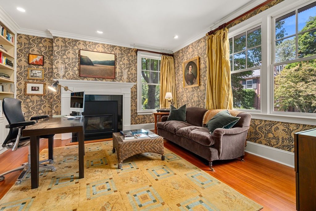 Fireplace, Home Office, Interior, Recessed Lighting, Wood Texture Flooring
