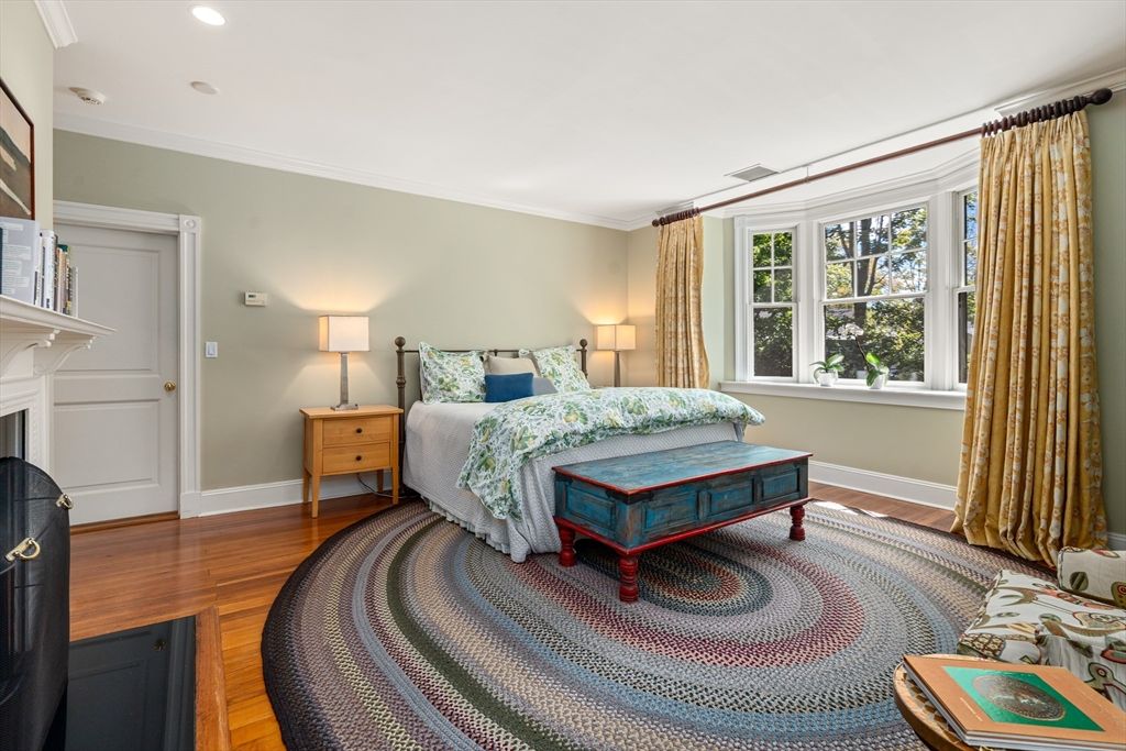Bedroom, Fireplace, Interior, Recessed Lighting, Wood Texture Flooring
