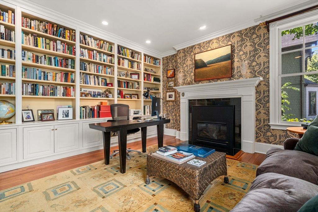Fireplace, Home Office, Interior, Recessed Lighting, Wood Texture Flooring
