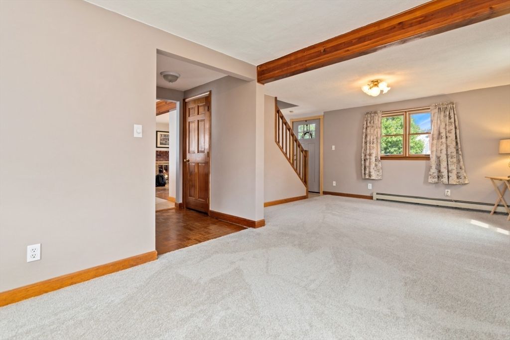 Empty room, Fireplace, Interior, Wooden Beams, Wood Texture Flooring