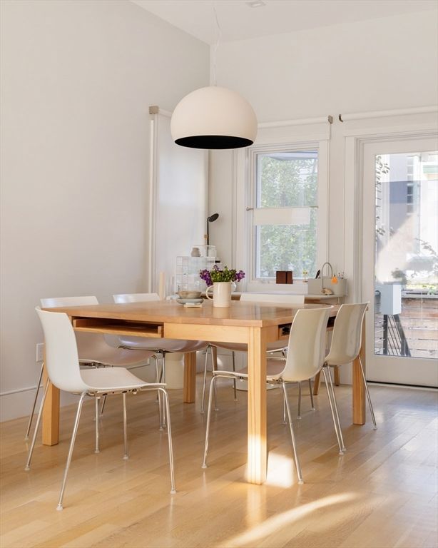 Dining room, Interior, Pendant Lights, Wood Texture Flooring