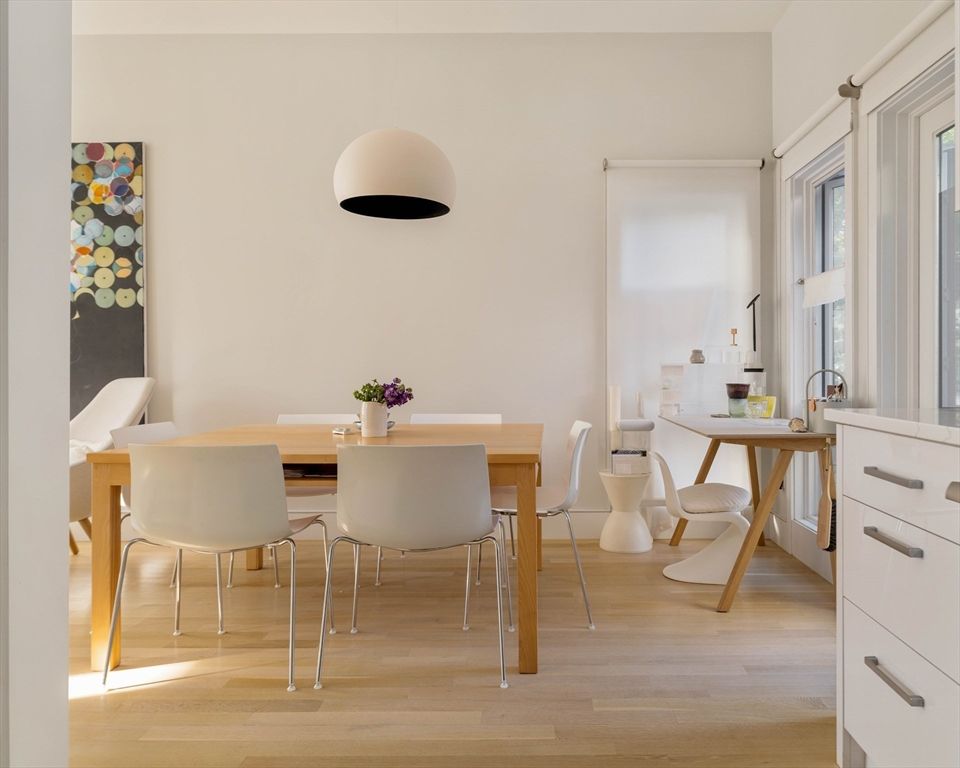 Dining room, Interior, Pendant Lights, Wood Texture Flooring