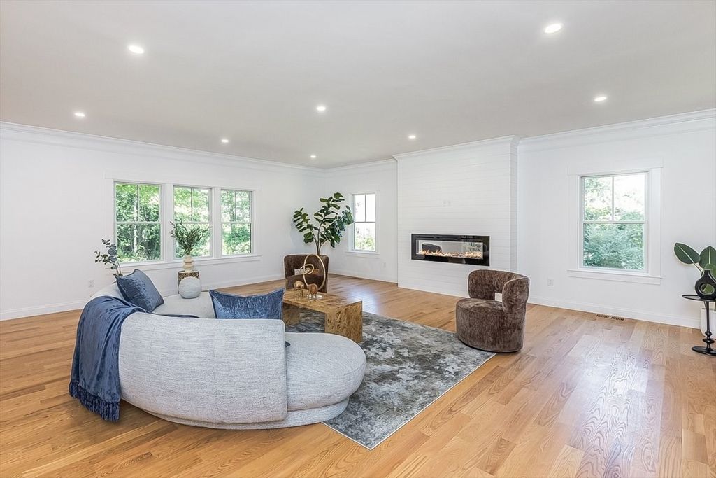 Fireplace, Interior, Living room, Recessed Lighting, Wood Texture Flooring