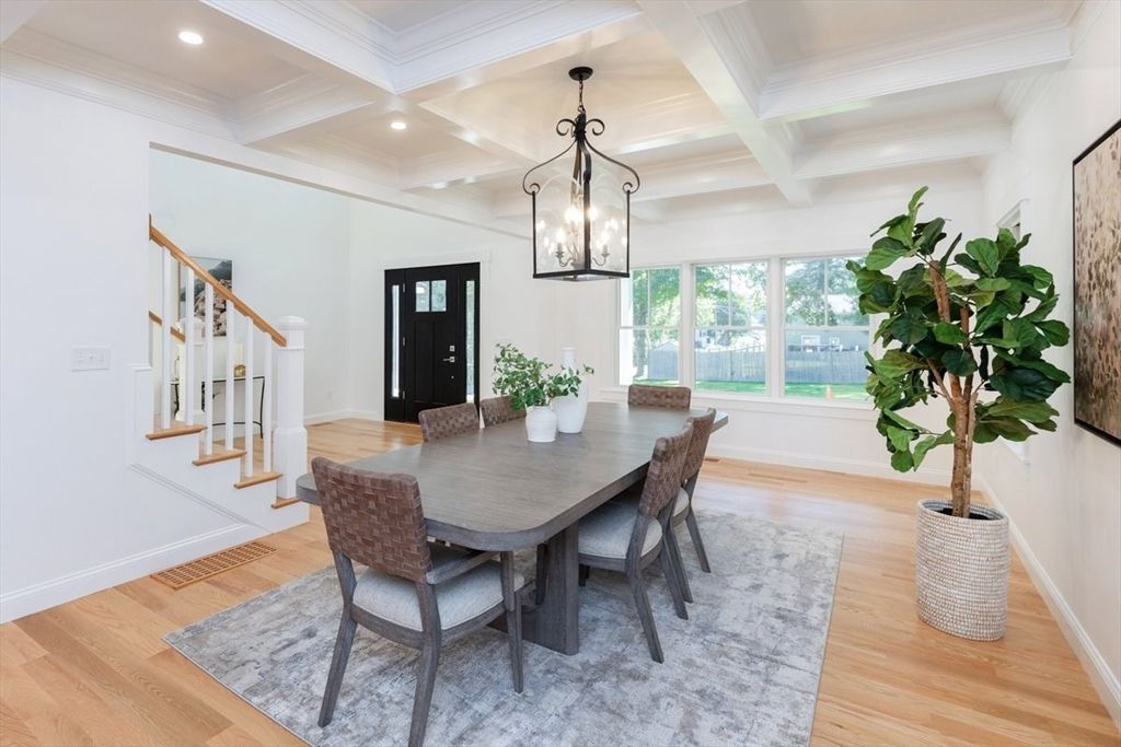 Dining room, Interior, Pendant Lights, Recessed Lighting, Wood Texture Flooring