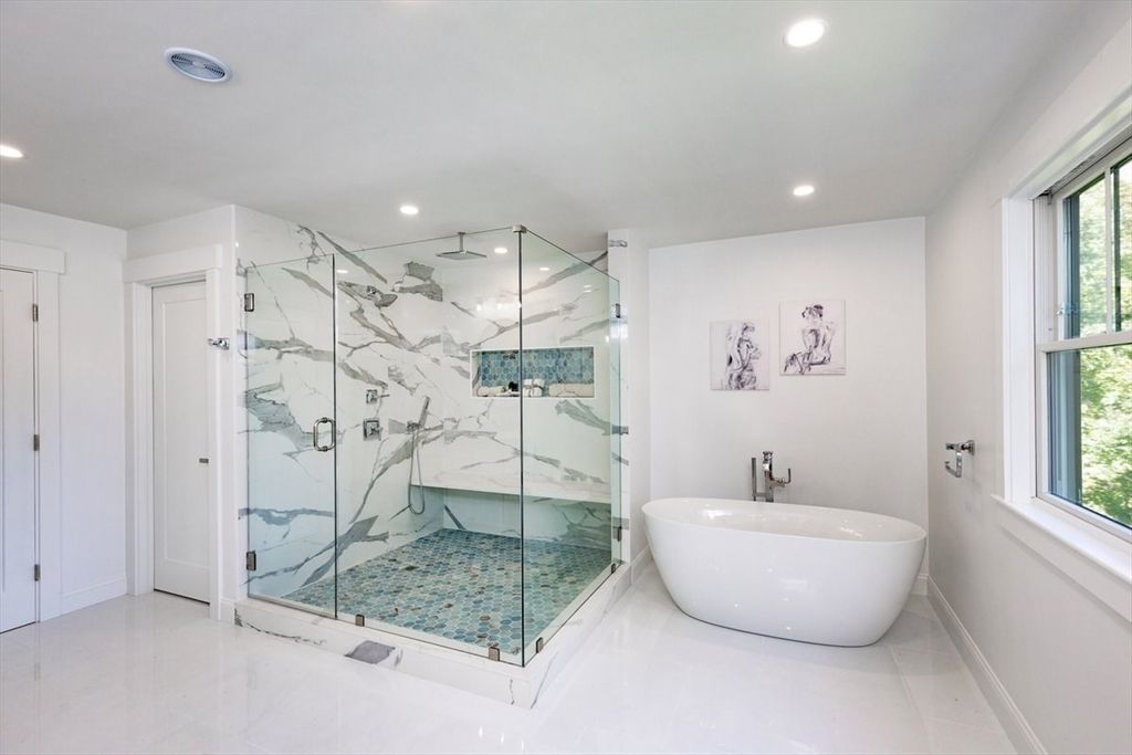 Bathroom, Free Standing Baths, Glass Shower, Interior, Marble Walls, Recessed Lighting