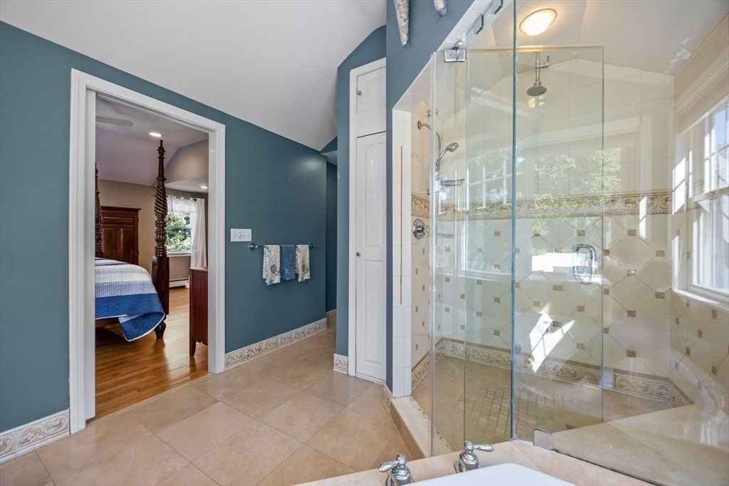Bathroom, Glass Shower, Interior, Recessed Lighting, Wood Texture Flooring