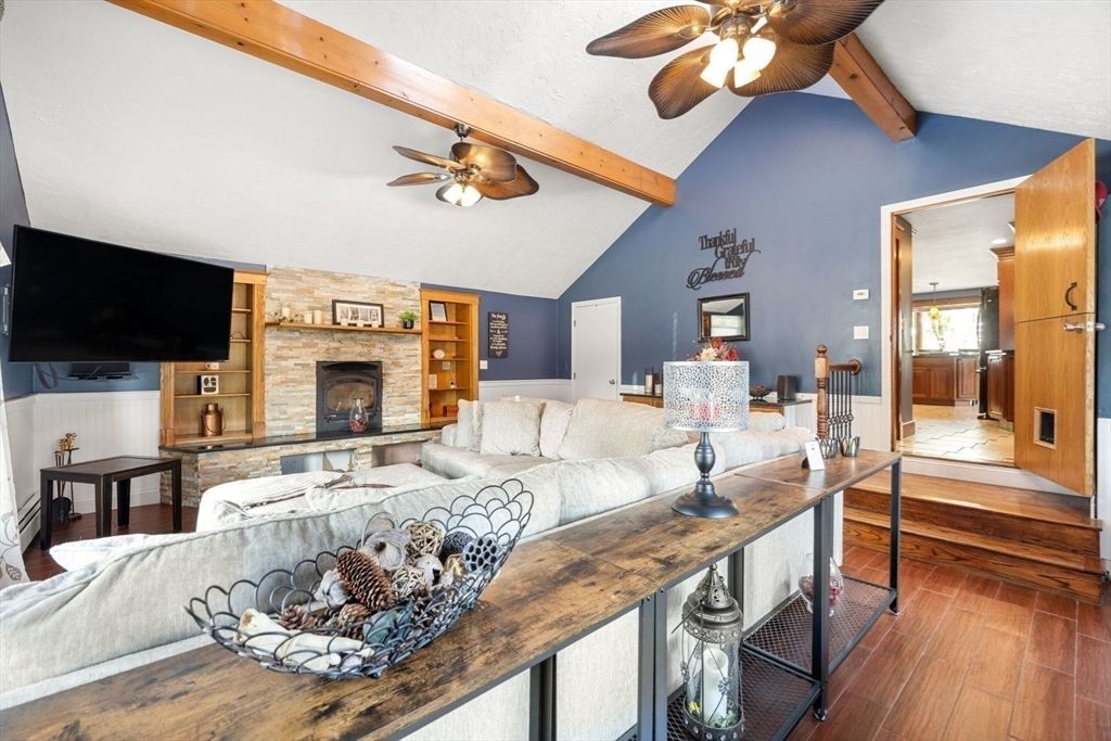 Fireplace, Interior, Living room, Stone Walls, Wooden Beams, Wood Texture Flooring