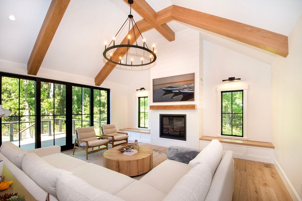 Chandelier, Fireplace, Interior, Living room, Recessed Lighting, Wooden Beams, Wood Texture Flooring