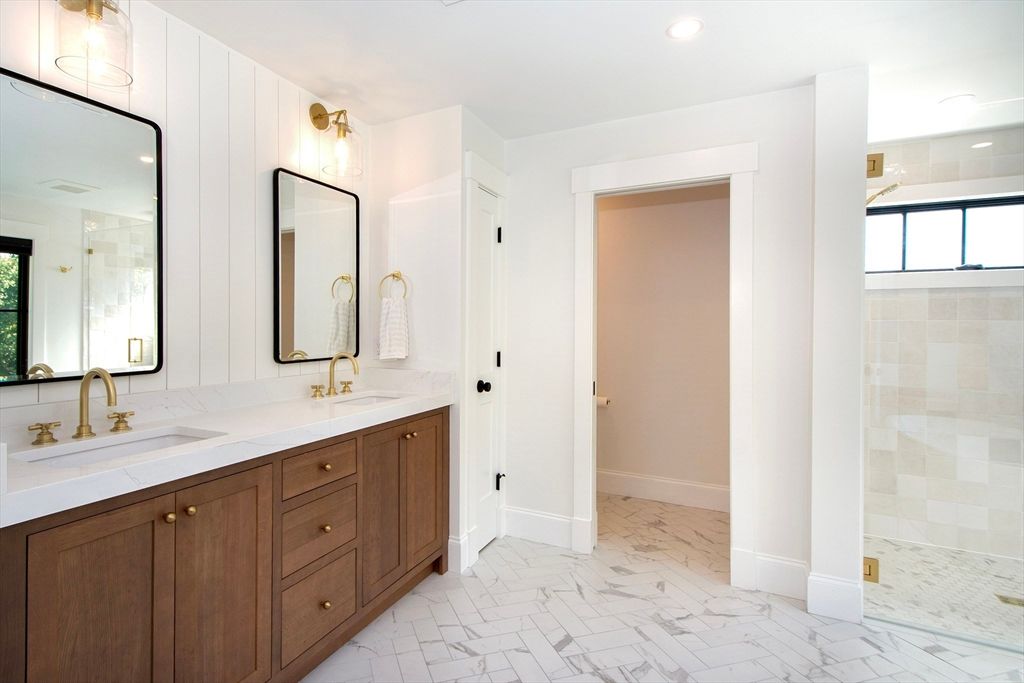 Bathroom, Dual Sink Vanities, Glass Shower, Interior, Marble, Recessed Lighting