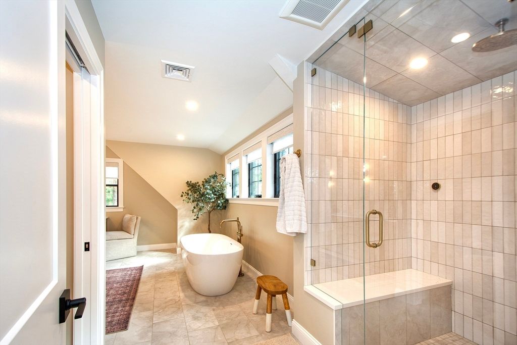 Bathroom, Free Standing Baths, Glass Shower, Interior, Marble, Recessed Lighting