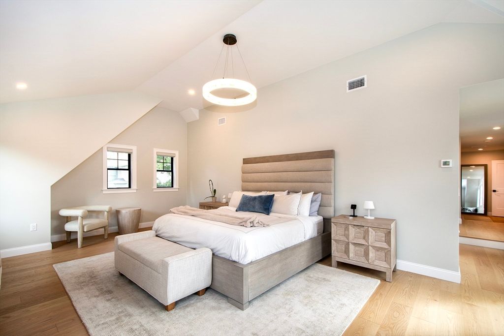 Bedroom, Interior, Pendant Lights, Recessed Lighting, Wood Texture Flooring