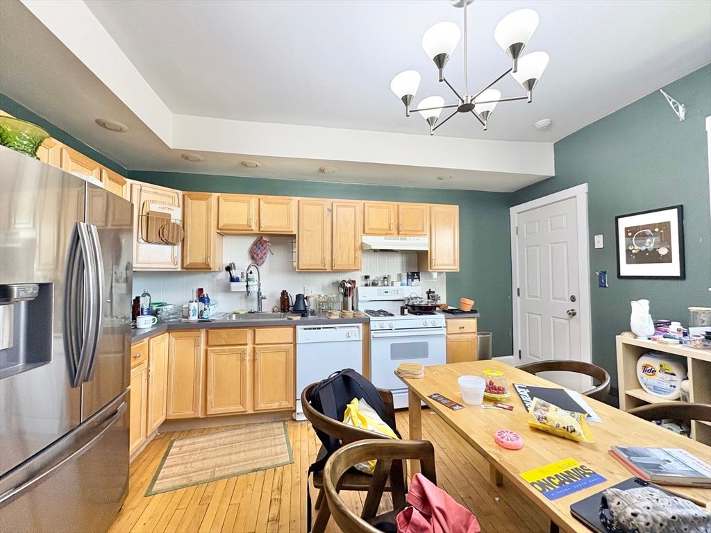 Chandelier, Interior, Kitchen, Recessed Lighting, Wood Texture Flooring
