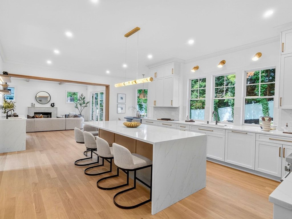 Fireplace, Interior, Kitchen, Living room, Pendant Lights, Recessed Lighting, Wood Texture Flooring