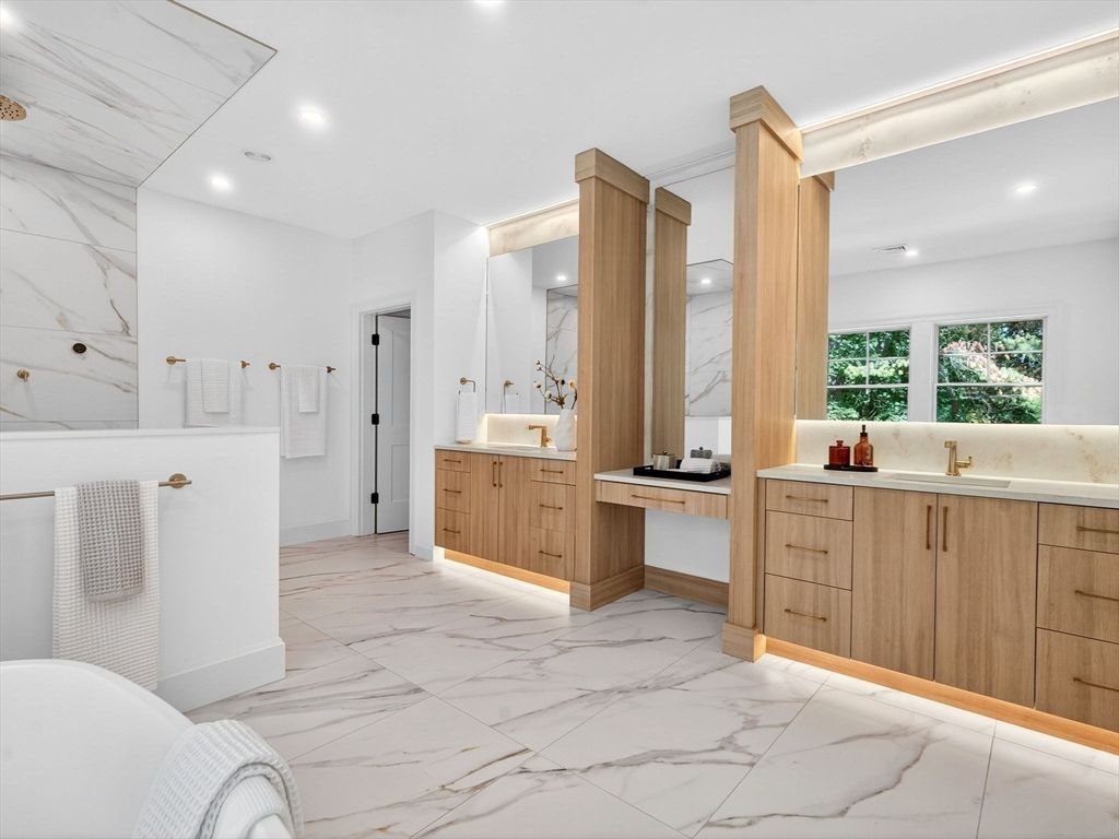 Bathroom, Dual Sink Vanities, Interior, Marble, Marble Walls, Recessed Lighting