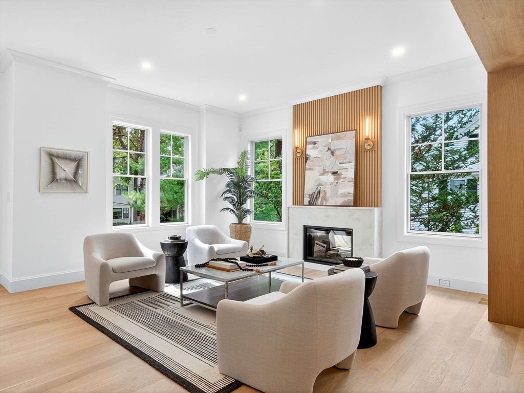 Fireplace, Interior, Living room, Recessed Lighting, Wood Texture Flooring