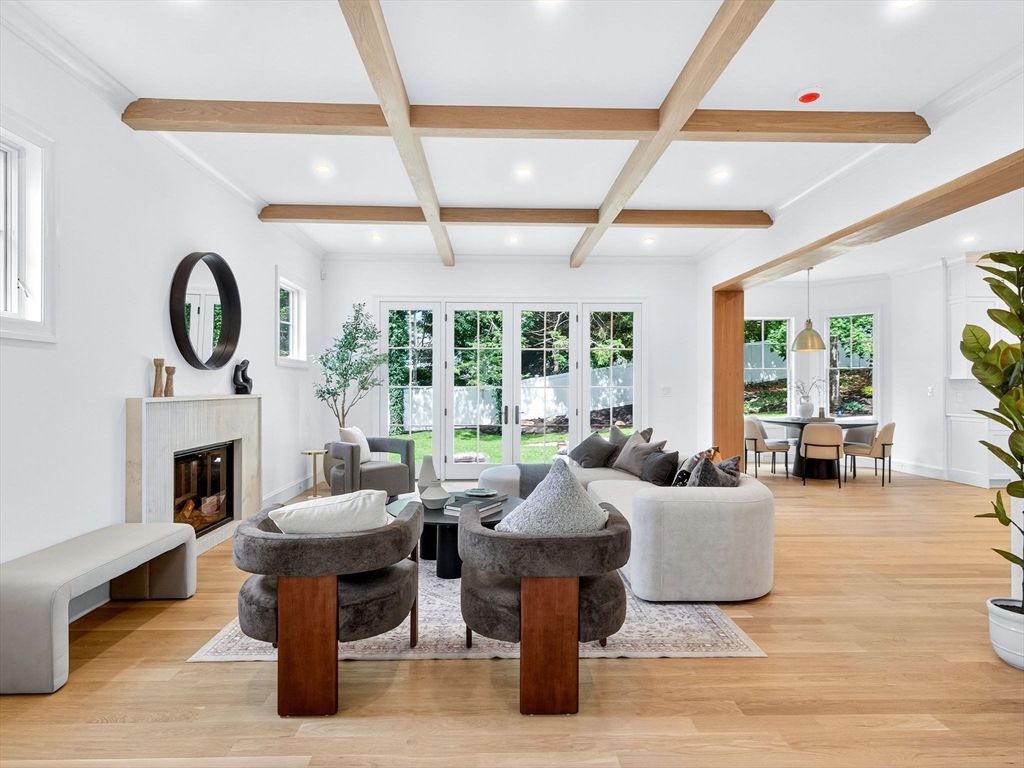 Dining room, Fireplace, Interior, Living room, Pendant Lights, Recessed Lighting, Wooden Beams, Wood Texture Flooring