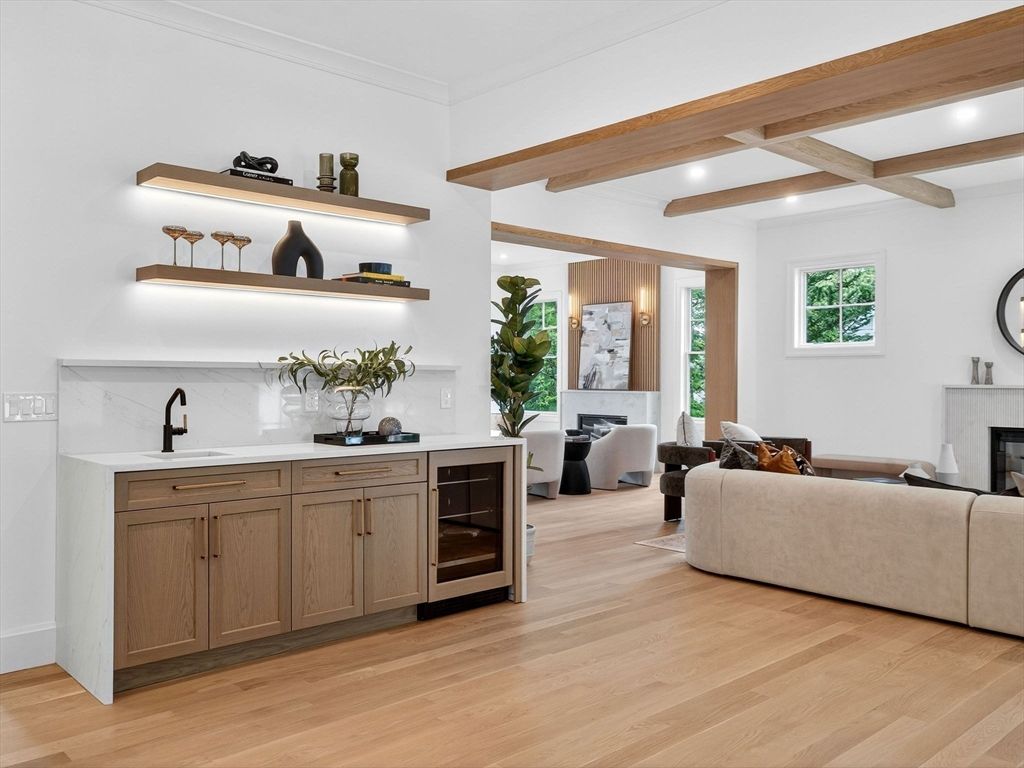 Fireplace, Interior, Living room, Recessed Lighting, Wooden Beams, Wood Texture Flooring