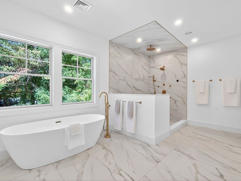 Bathroom, Free Standing Baths, Interior, Marble, Marble Walls, Recessed Lighting