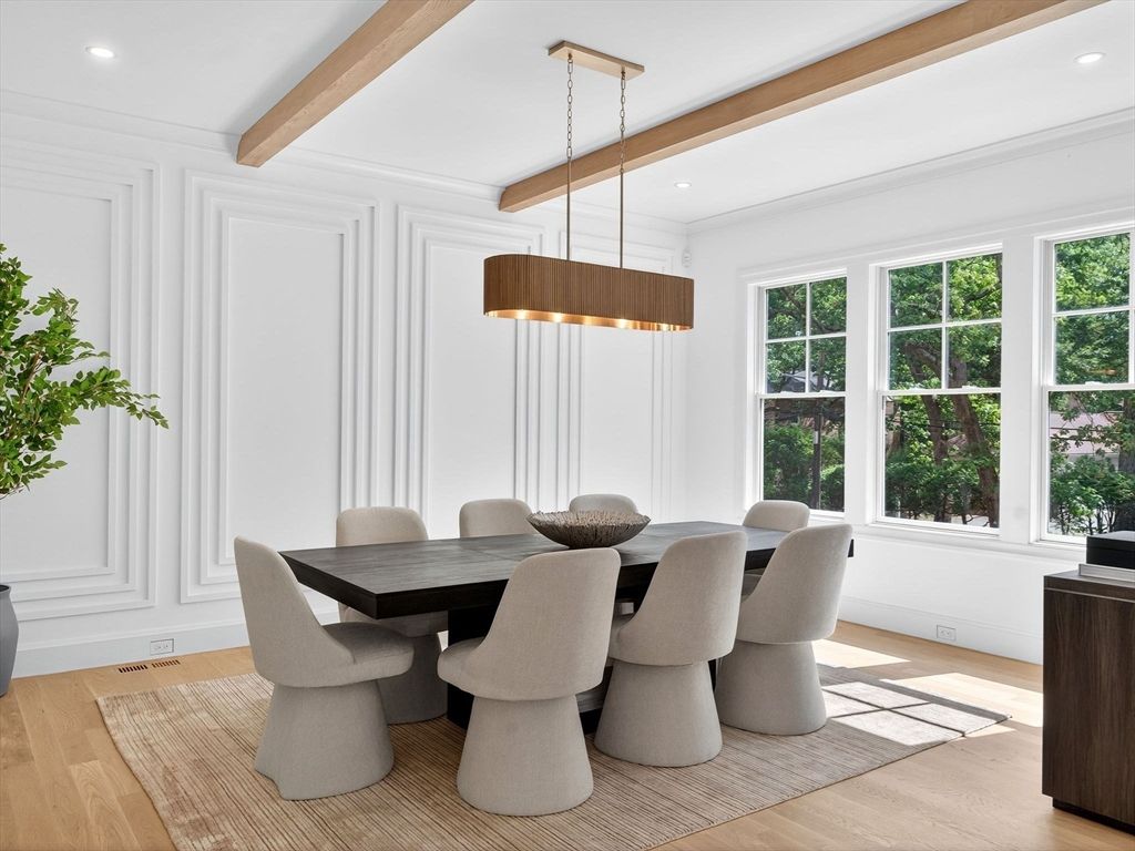 Dining room, Interior, Pendant Lights, Recessed Lighting, Wooden Beams, Wood Texture Flooring