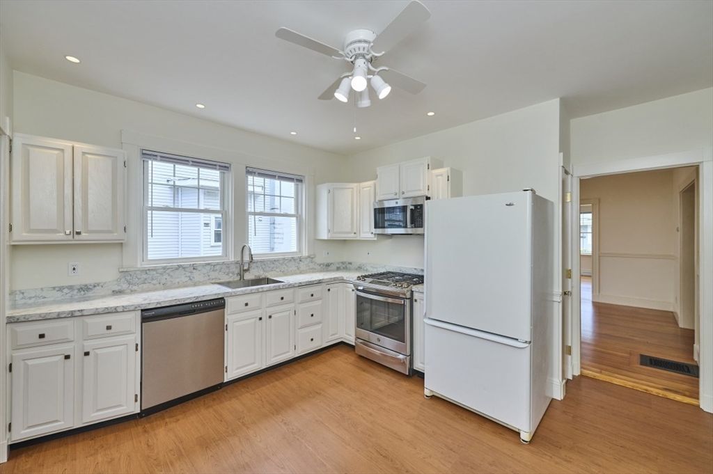Interior, Kitchen, Recessed Lighting, Stainless Steel Appliances, Wood Texture Flooring