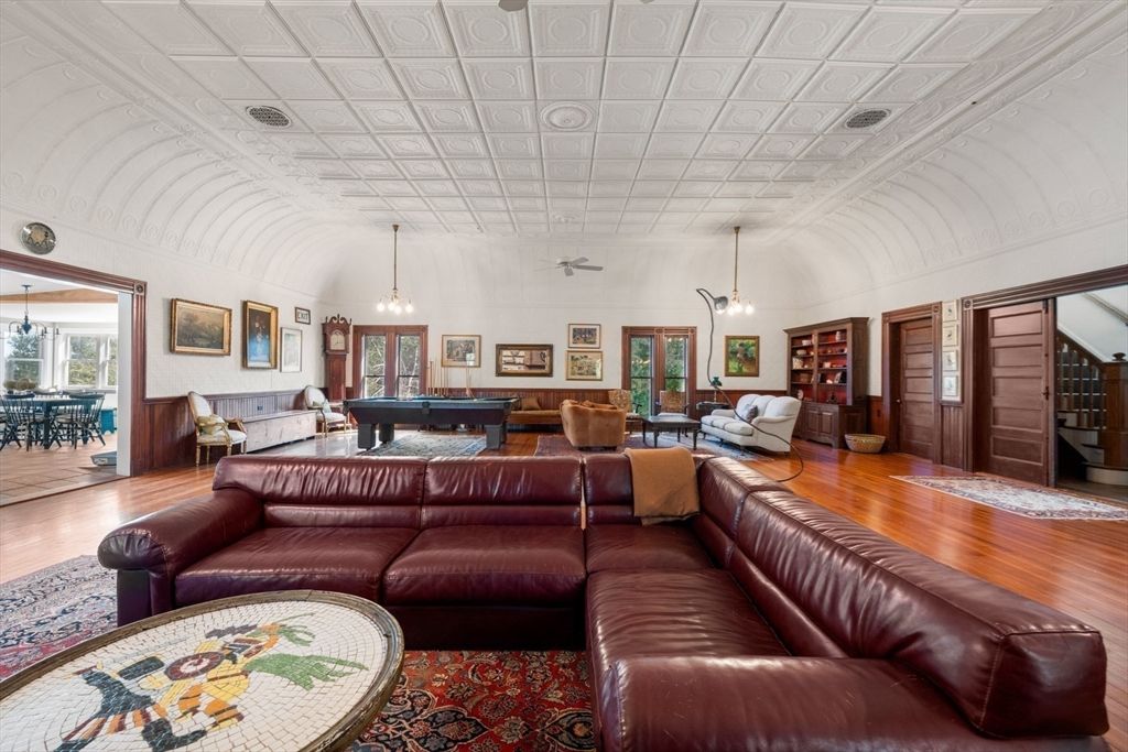 Billiard Table, Game Room, Interior, Living room, Pendant Lights, Wood Texture Flooring