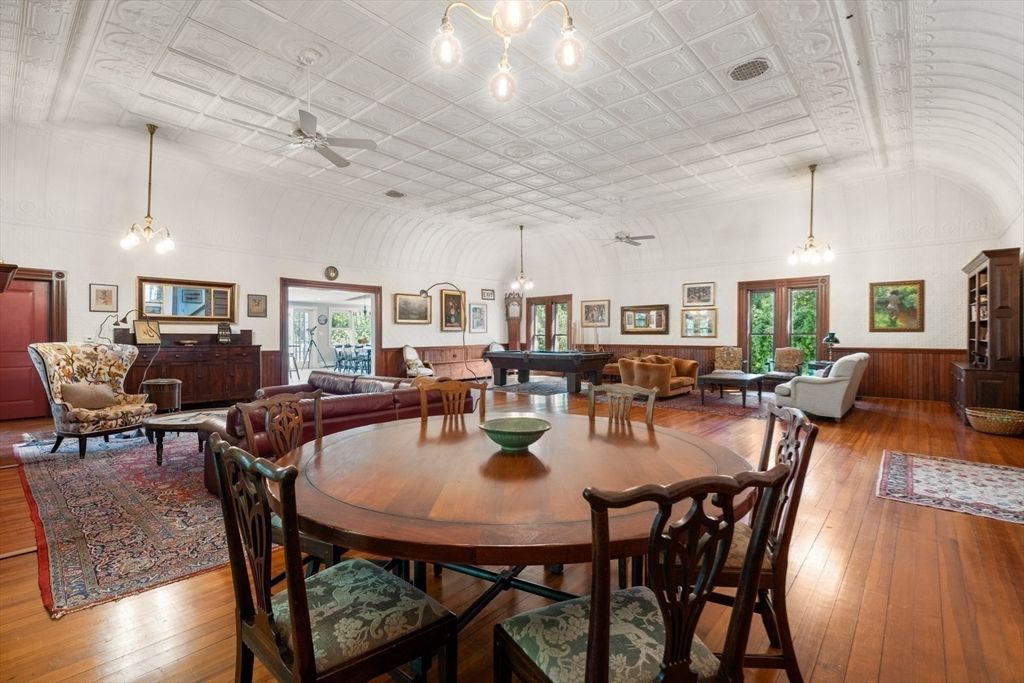 Billiard Table, Dining room, Interior, Living room, Pendant Lights, Piano, Wood Texture Flooring