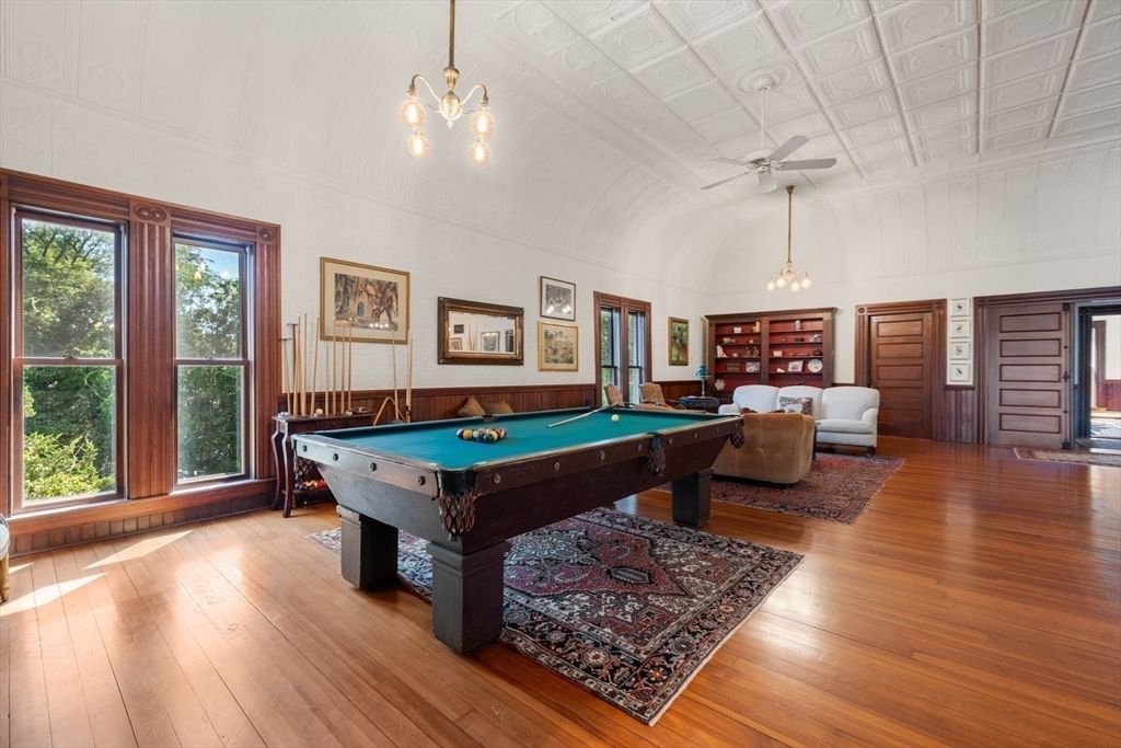 Billiard Table, Game Room, Interior, Pendant Lights, Wood Texture Flooring