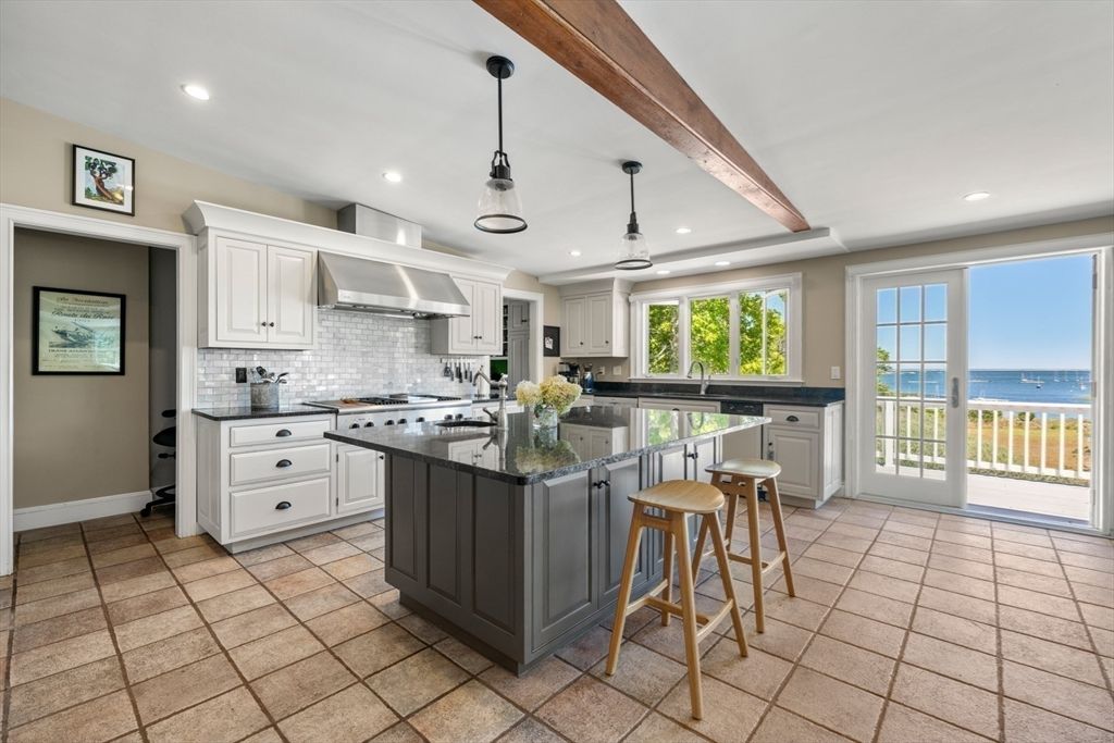 Interior, Kitchen, Pendant Lights, Recessed Lighting, Stainless Steel Appliances, Water, Wooden Beams