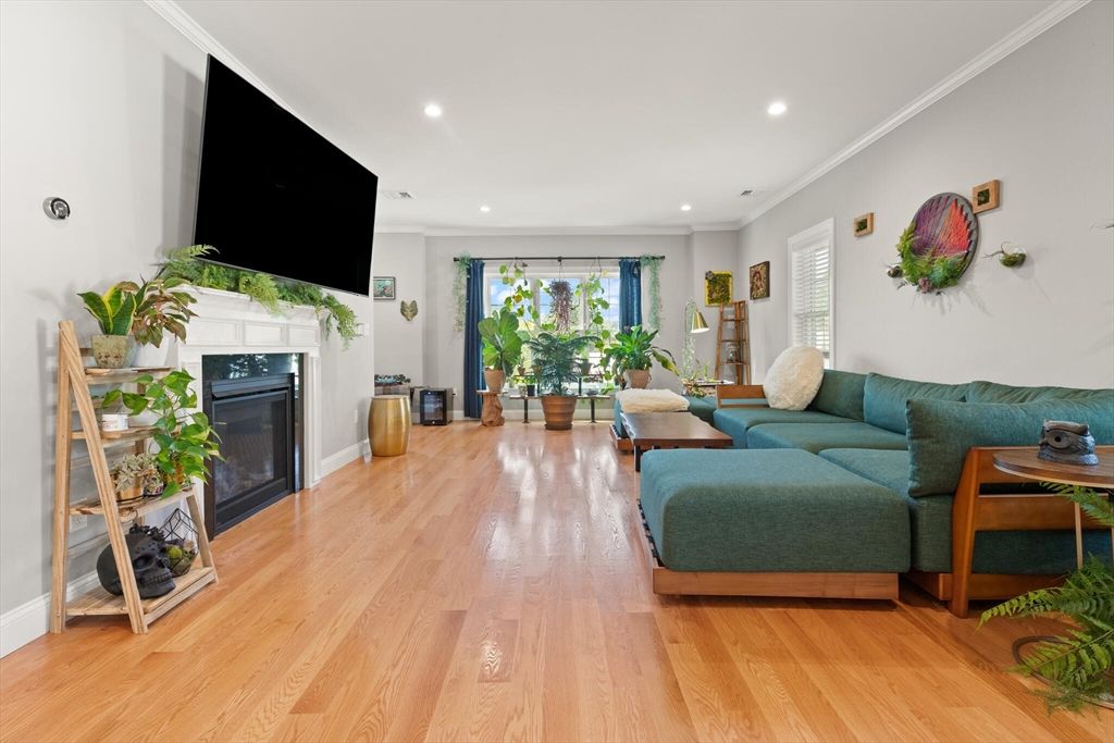 Fireplace, Interior, Living room, Recessed Lighting, Wood Texture Flooring