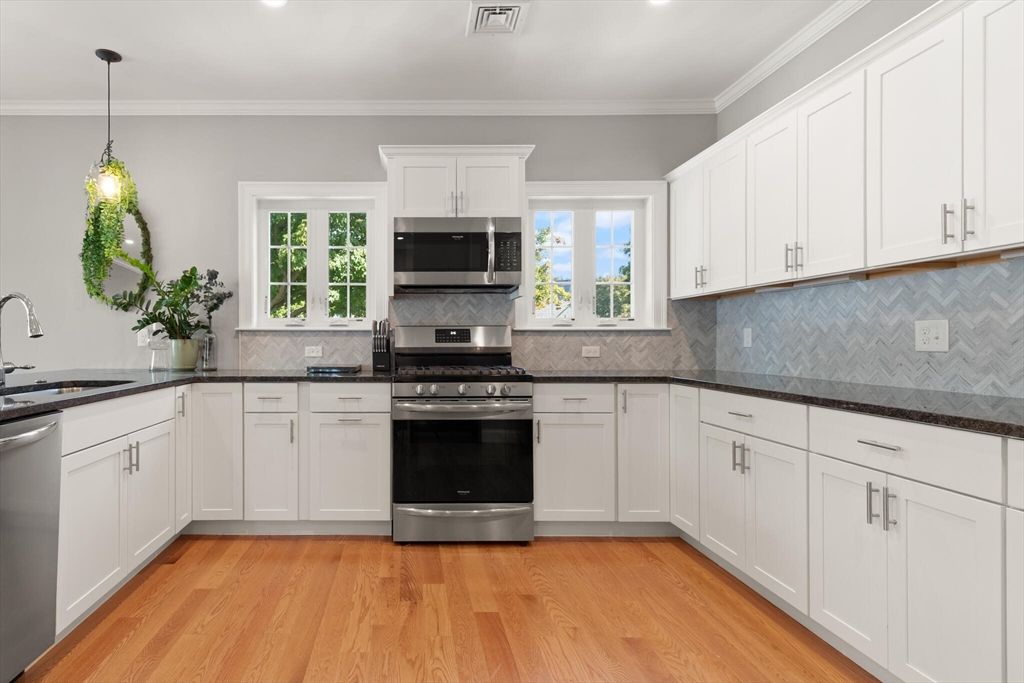 Interior, Kitchen, Pendant Lights, Recessed Lighting, Stainless Steel Appliances, Wood Texture Flooring