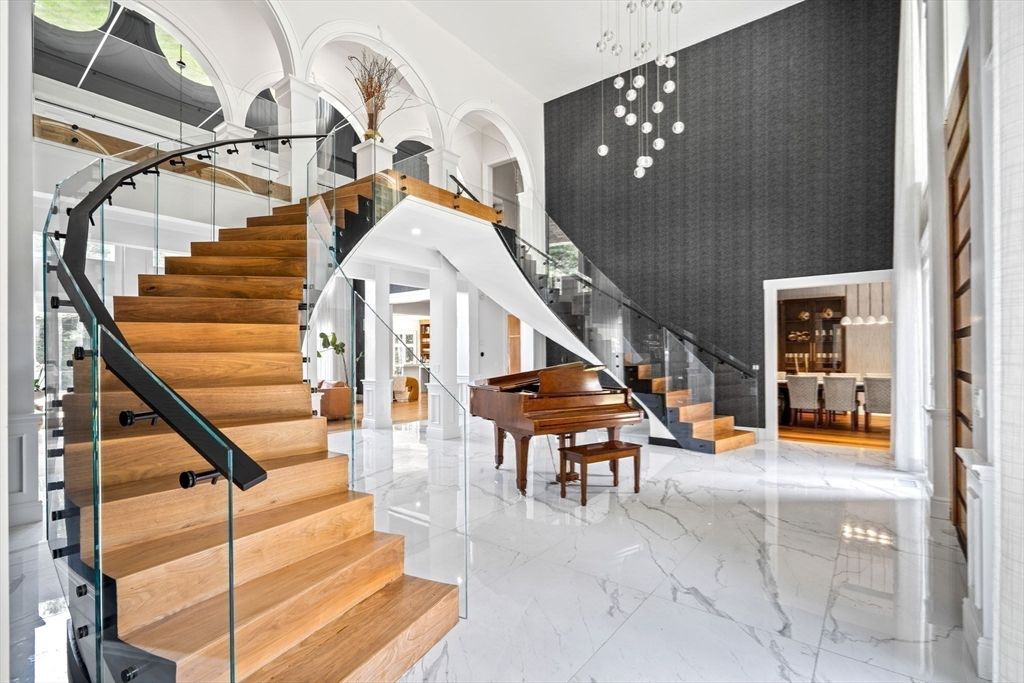 Fireplace, Interior, Marble, Pendant Lights, Piano