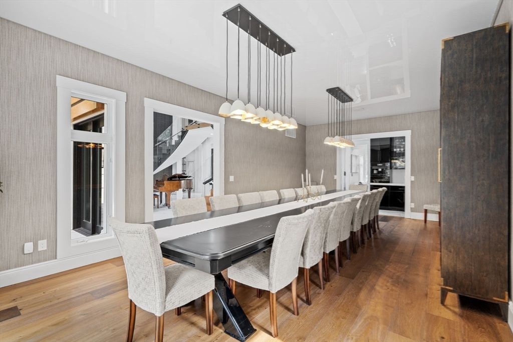 Dining room, Interior, Pendant Lights, Wood Texture Flooring