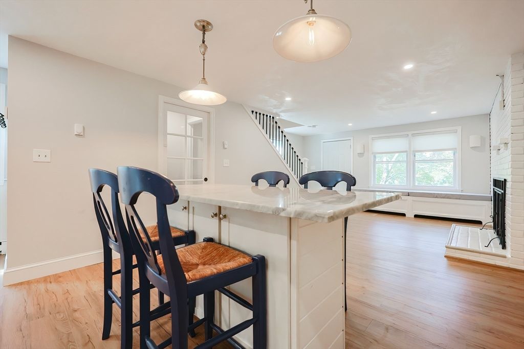 Fireplace, Interior, Pendant Lights, Recessed Lighting, Wood Texture Flooring