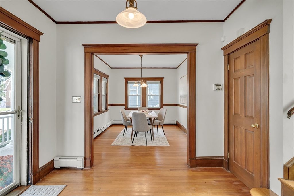 Dining room, Interior, Pendant Lights, Wood Texture Flooring