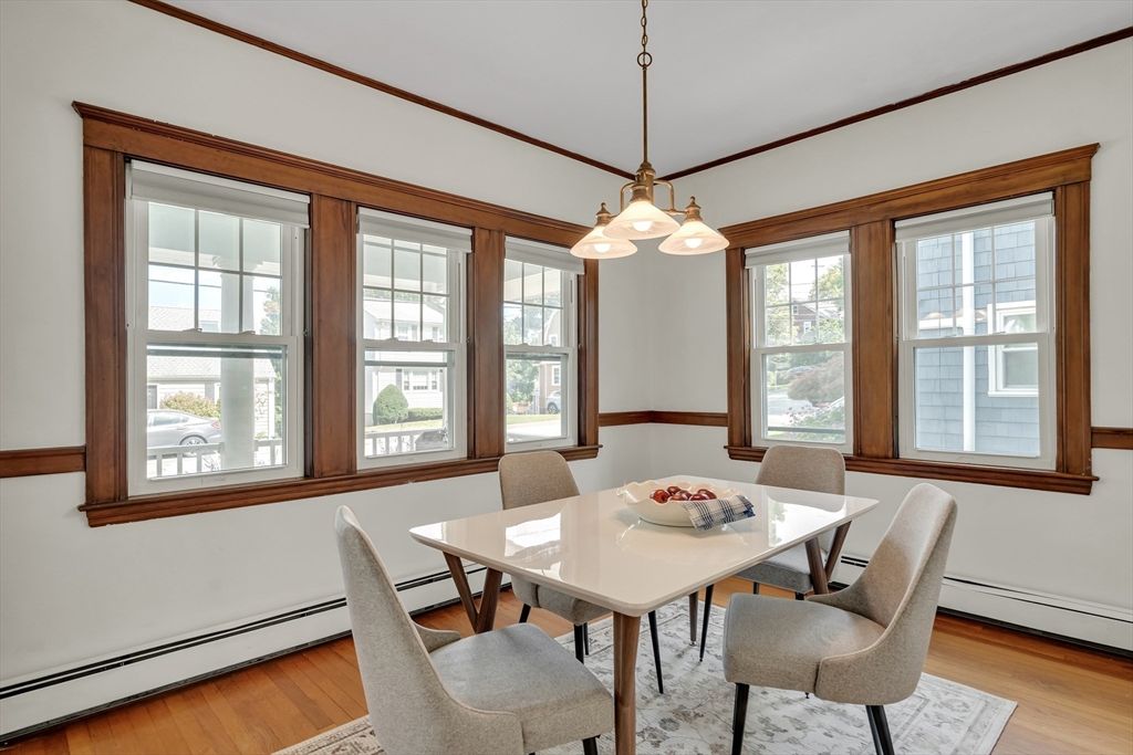 Dining room, Interior, Pendant Lights, Wood Texture Flooring