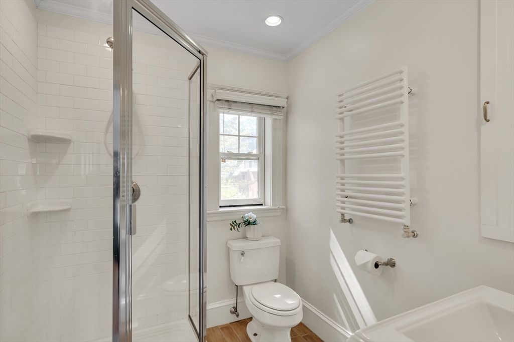 Bathroom, Glass Shower, Interior, Recessed Lighting, Wood Texture Flooring