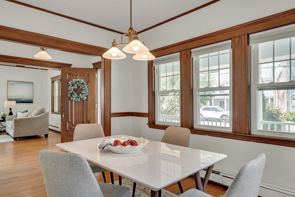 Dining room, Interior, Living room, Pendant Lights, Wood Texture Flooring