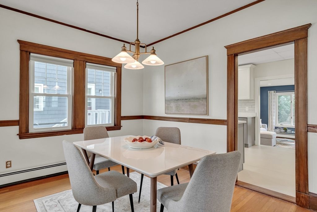 Dining room, Interior, Pendant Lights, Wood Texture Flooring