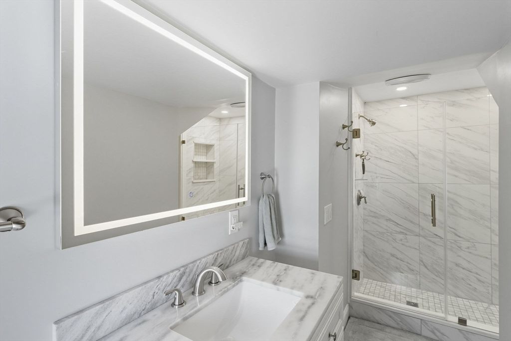 Bathroom, Glass Shower, Interior, Marble Walls, Recessed Lighting