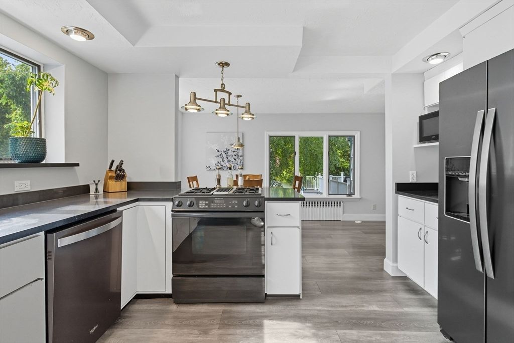 Chandelier, Interior, Kitchen, Pendant Lights, Stainless Steel Appliances, Wood Texture Flooring