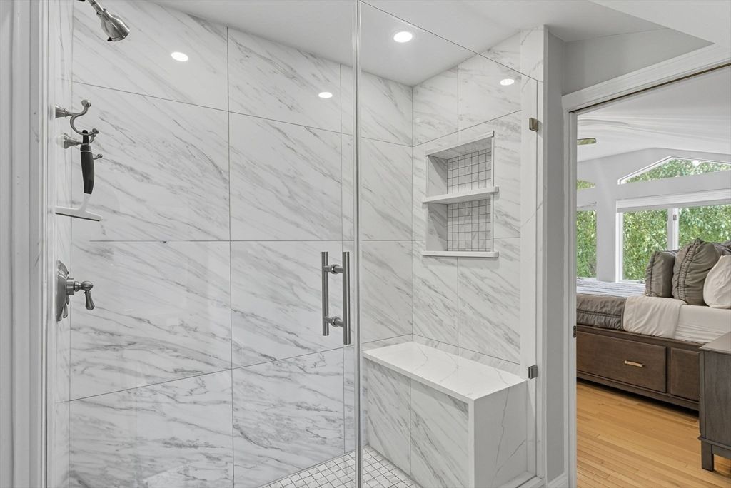 Bathroom, Glass Shower, Interior, Marble Walls, Recessed Lighting, Wood Texture Flooring